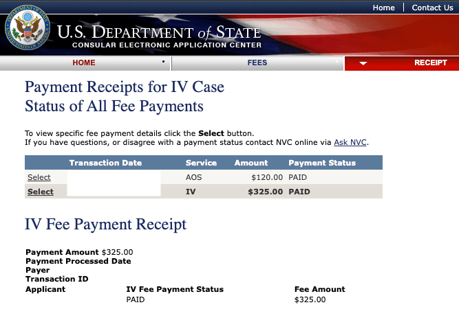 Sample CEAC receipt showing Payment Status: PAID for NVC fees